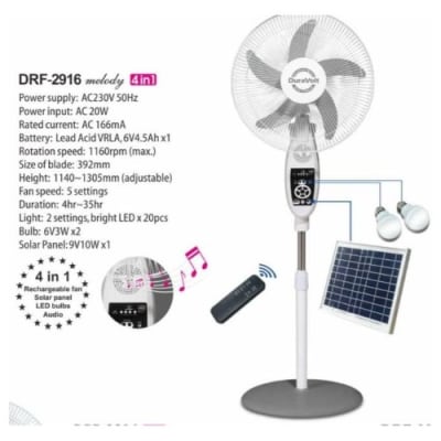 16" DuraVolt 4 In 1 Rechargeable Fan +Solar Panel + 2-bulbs+music DRF-2916melody