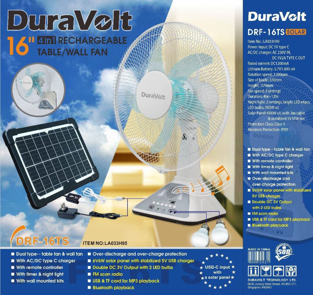Duravolt DRF-16T 16-inch 4-in-1 Rechargeable Fan