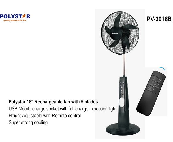 Polystar PV-3018B 18-Inch Rechargeable Stand Fan