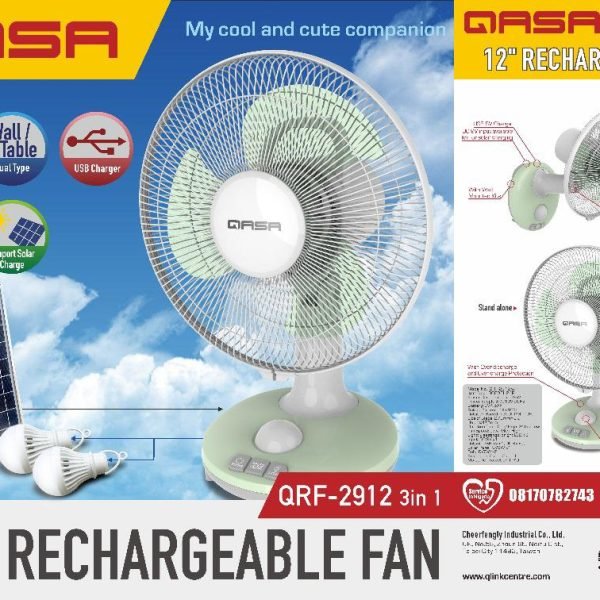QASA 12" 3-in-1 Solar Rechargeable Fan with Panel and bulb Qrf-2912