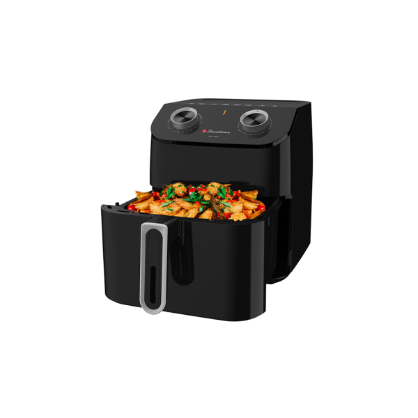 Binatone 4.5L Air Fryer front view with basket open and food inside (e.g., fries or chicken wings).