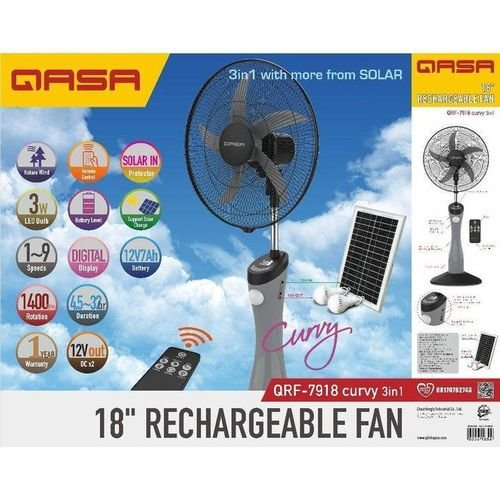 QASA 18-inch 3-in-1 Rechargeable Fan QRF-7918 Curvy with Solar Panel