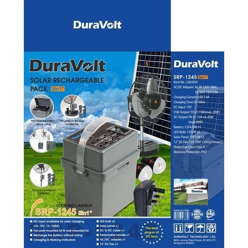 Duravolt SRP-1245 5in1 solar rechargeable pack with 12-inch fan and LED bulbs