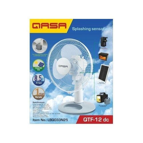 Qasa 12-inch AC/DC table fan QTF-12DC front view showing compact design