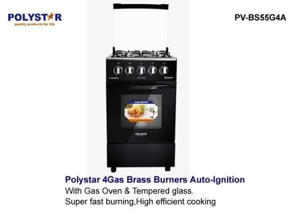 Polystar PV-BS55G4A 4-Burner Gas Cooker with Auto Ignition and Tempered Glass Top