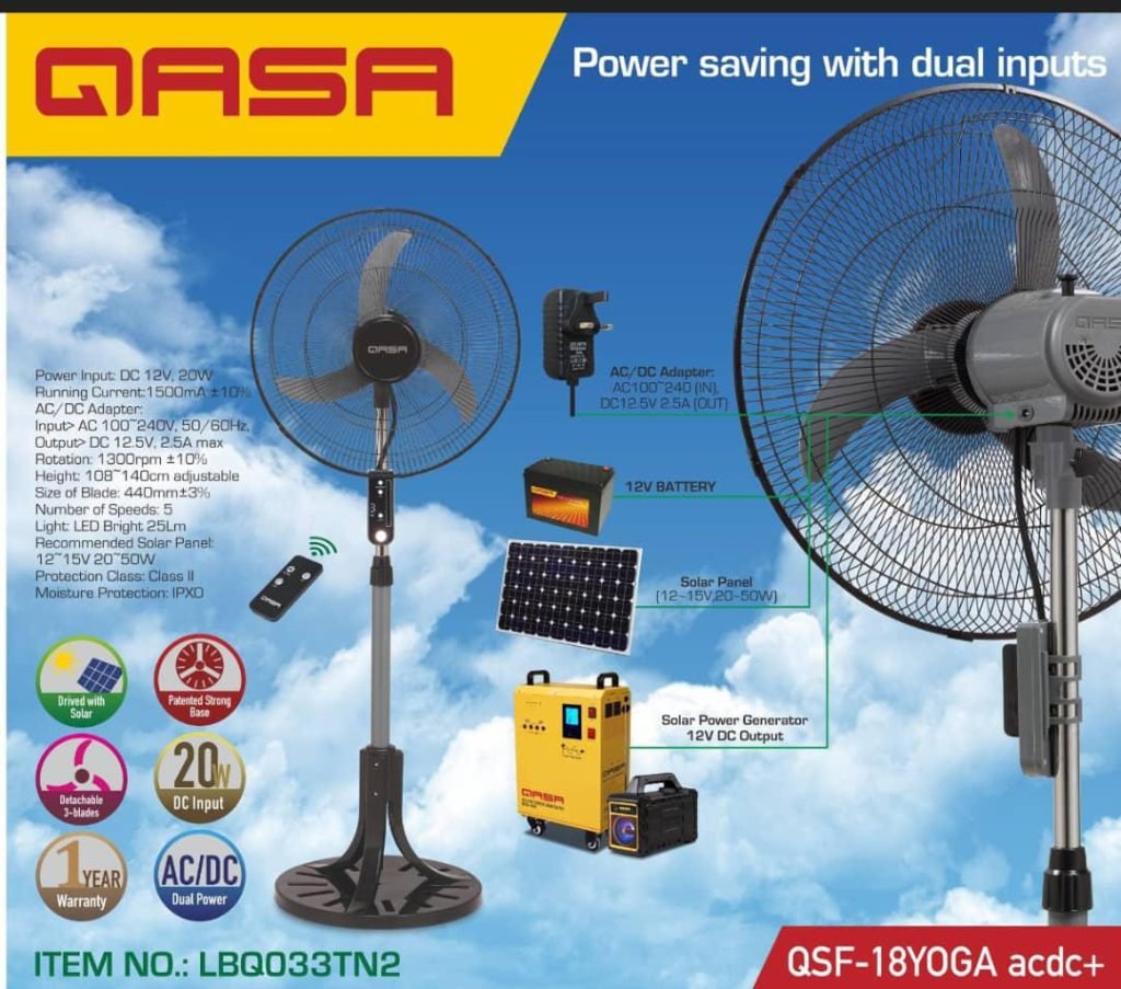 Qasa 18 inch AC/DC standing fan QSF-18YOGA ACDC+ with remote and LED light