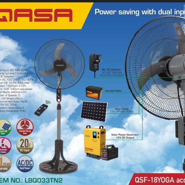 Qasa 18 inch AC/DC standing fan QSF-18YOGA ACDC+ with remote and LED light