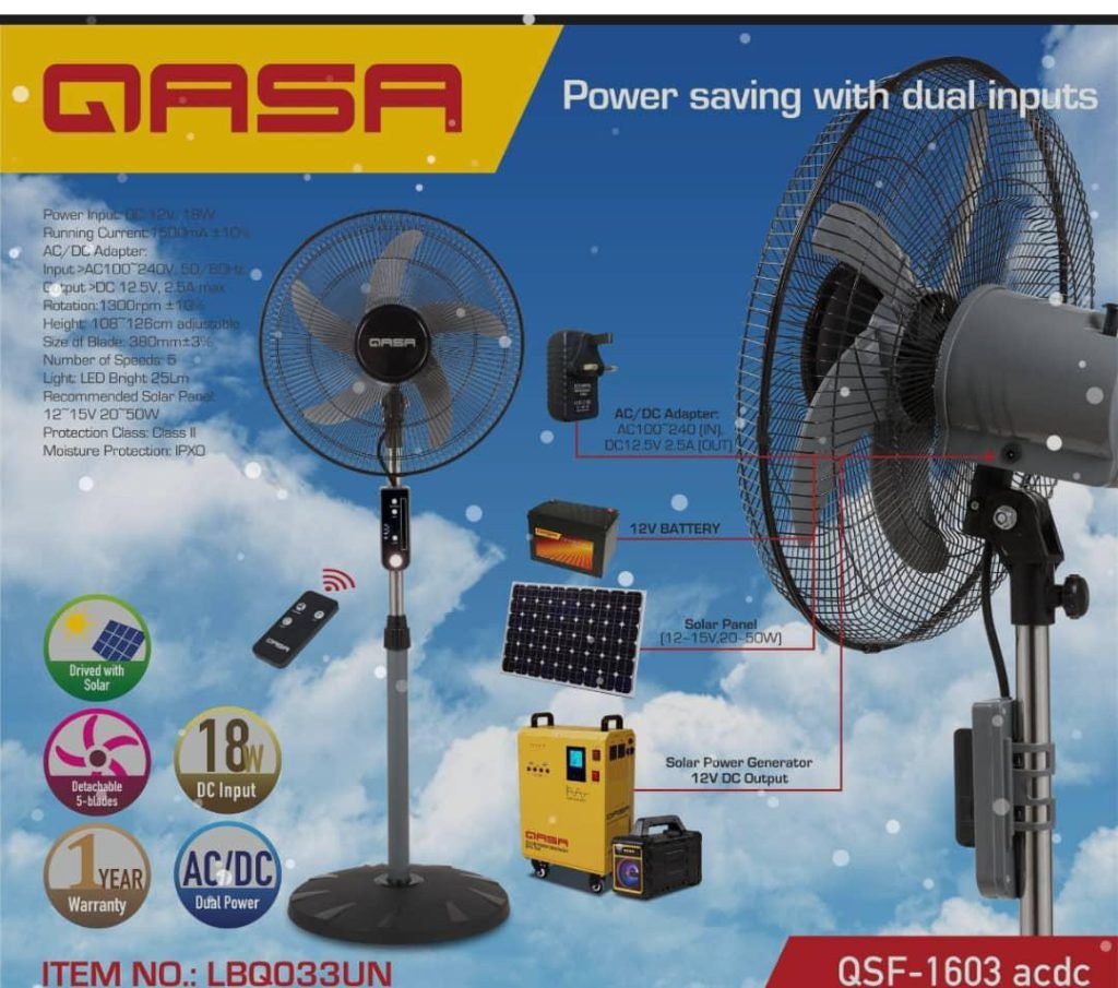 Qasa 16 inches ACDC Standing Fan with Remote QSF-1603 ACDC dual power solar rechargeable fan