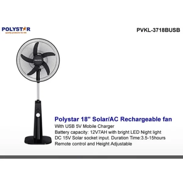 Polystar 18 Inch Rechargeable Fan PVKL-3718BUSB with solar input and remote