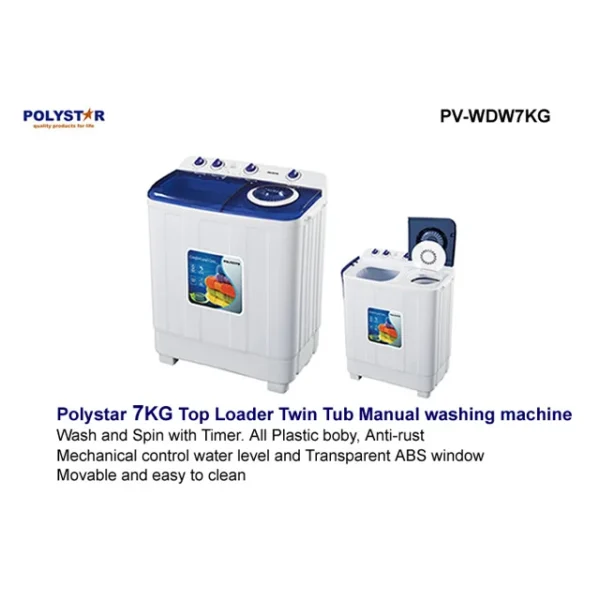 Polystar PV-WDW7KG 7Kg Twin Tub Manual Washing Machine