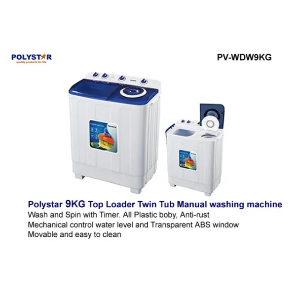 Polystar PV-WDW9K 9Kg Twin Tub Manual Washing Machine